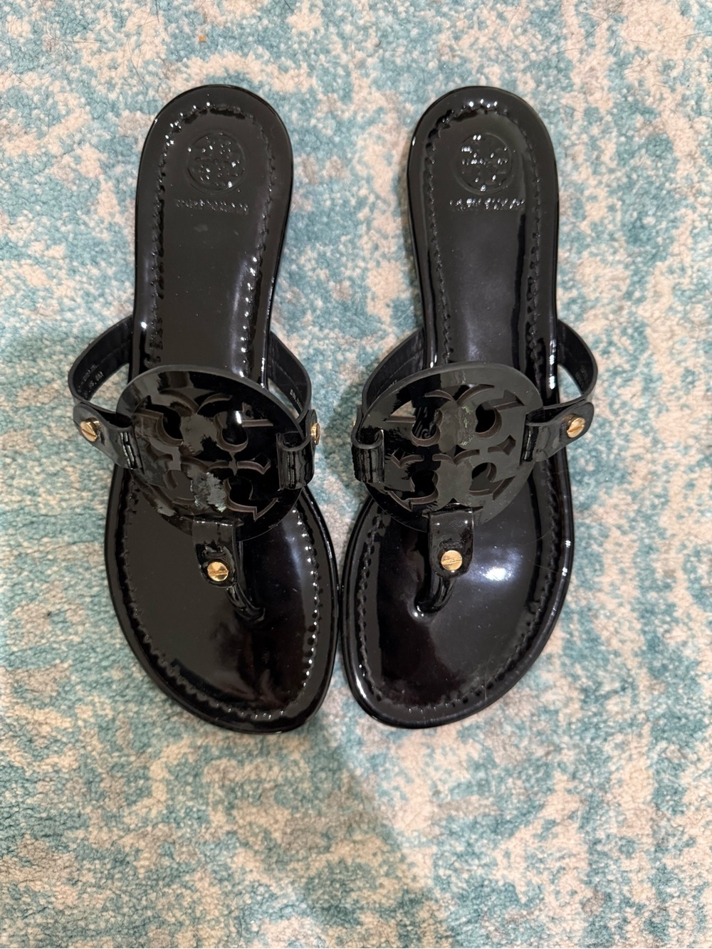 Tory Burch Black Patent Logo Thong Sandals